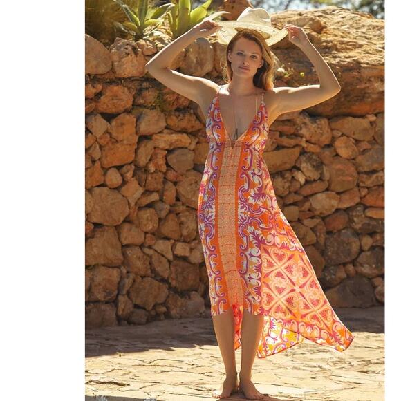 New Anthropologie Abstract Geo Midi Cover-Up Dress $120 SMALL Orange Motif - Picture 1 of 9